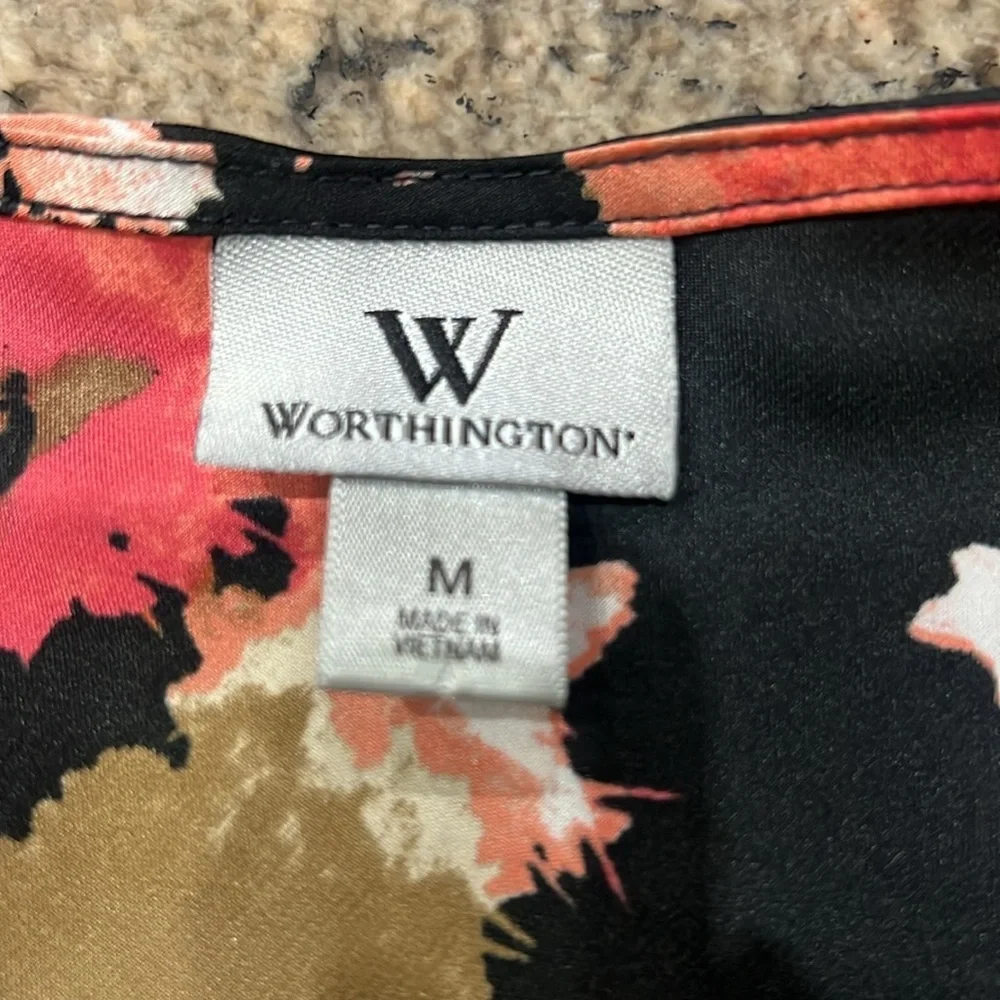 Worthington Black and Pink Ruffled Tie Front Cap Sleeve Blouse - Picture 4 of 5